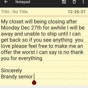 Closet closing last day I can ship out us Dec 27th